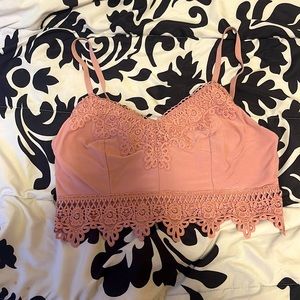 Cute rose pink crop top with lace design, Size Medium, Mudd